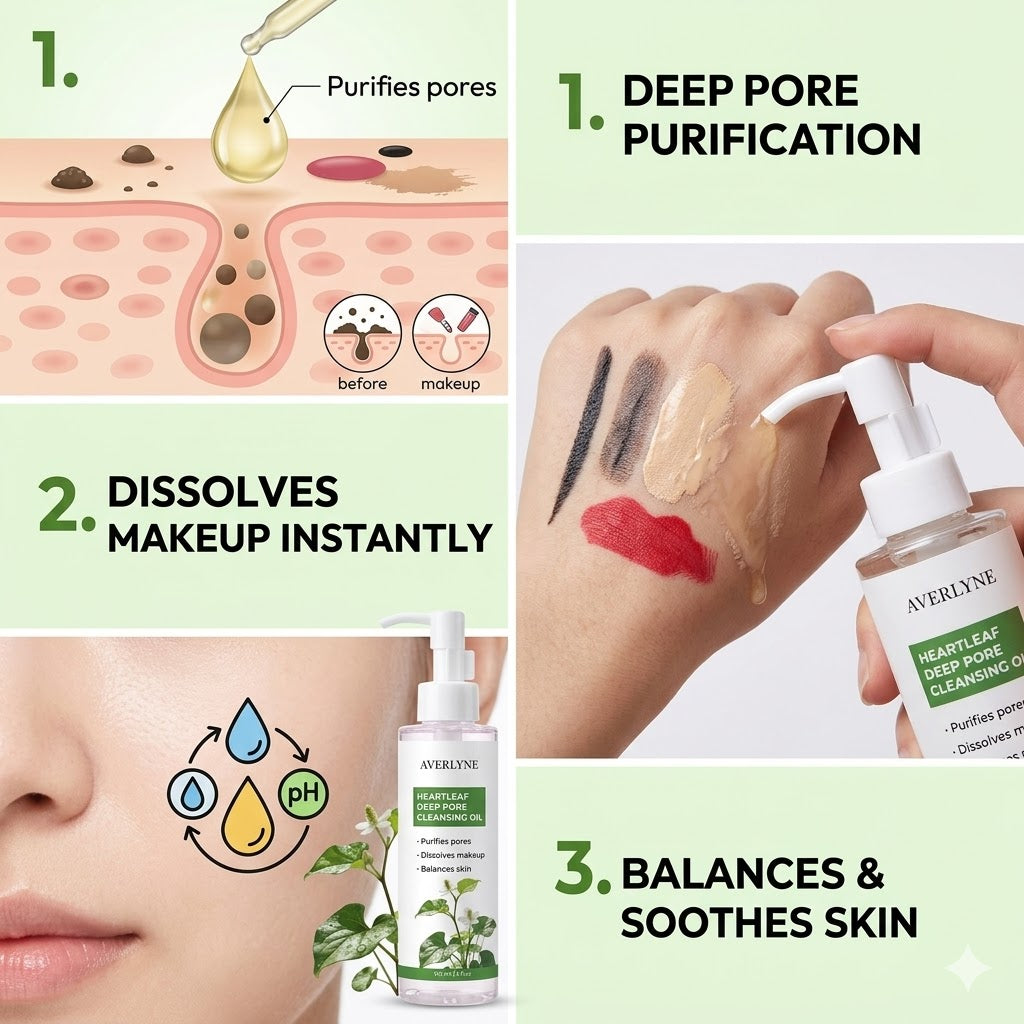 AVERLYNE Heartleaf Deep Pore Cleansing Oil – K-Beauty Makeup Remover for Double Cleansing – Purifies Pores, Dissolves Waterproof Makeup & Sebum – For Sensitive, Acne-Prone & Oily Skin – 5 fl oz (150ml)