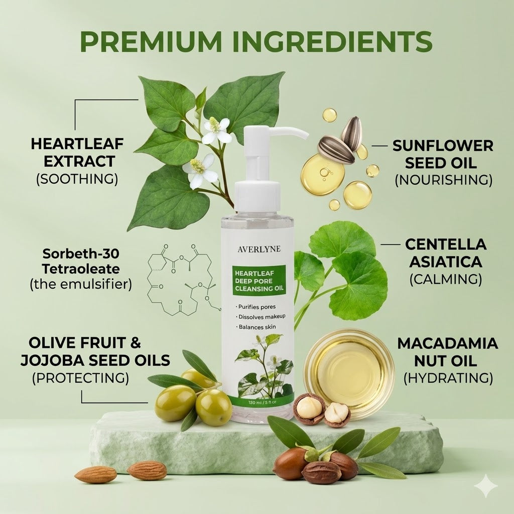 AVERLYNE Heartleaf Deep Pore Cleansing Oil – K-Beauty Makeup Remover for Double Cleansing – Purifies Pores, Dissolves Waterproof Makeup & Sebum – For Sensitive, Acne-Prone & Oily Skin – 5 fl oz (150ml)